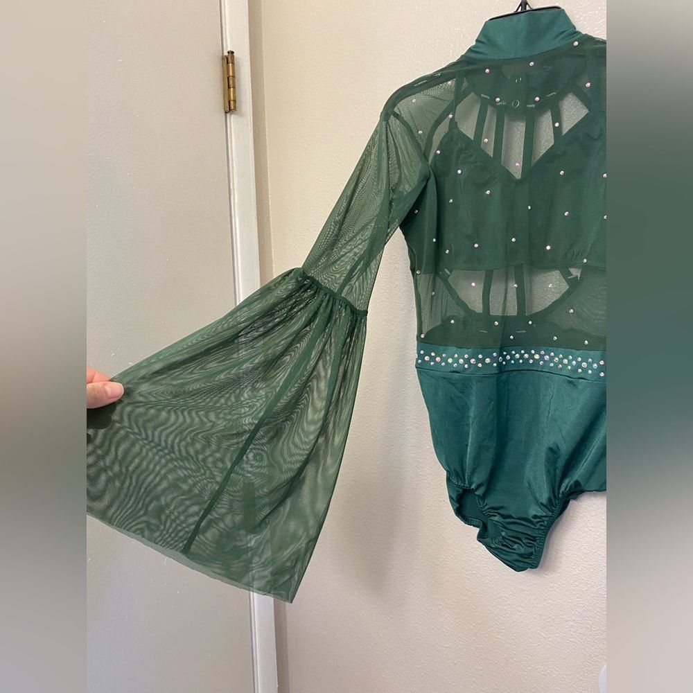 Kelle Dance costume solo green mesh leotard rhinestoned MA-Medium adult - Picture 5 of 9